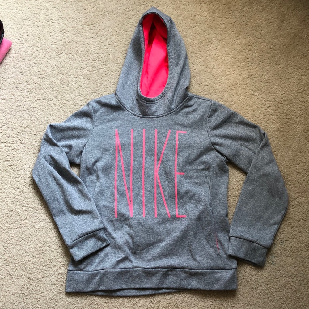 Gray and bright pink Nike Hooded Sweatshirt with fleece lining- Nike design